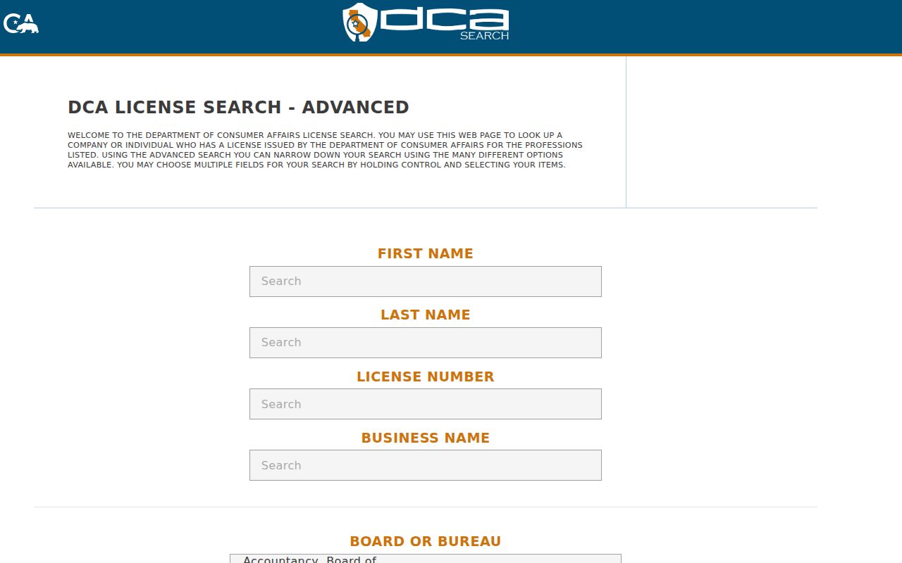 Corona people search California DCA license search